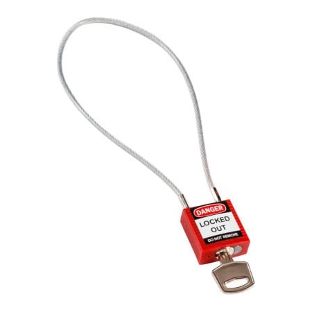 Brady Brady Cable Safety Padlock W/ Label, 8"H Clearance Steel Cable, Red 146124